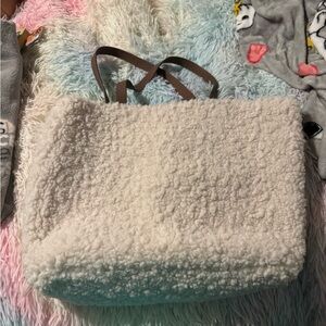 Elegant Cream Sherpa Tote Bag with Brown Handles